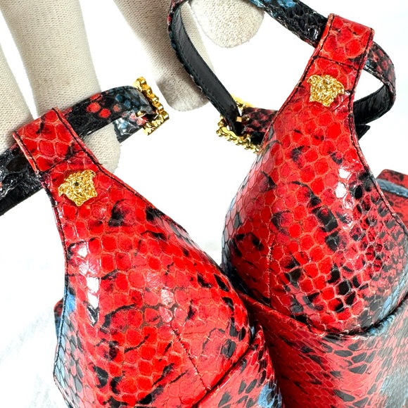 VERSACE Medusa Red Blue Embossed Snakeskin Leather Heel Sandals Wedge 38 8US - Picture 10 of 13